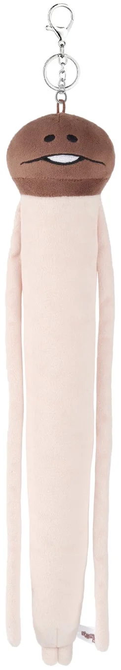 茶色いきのこの頭と細長いベージュ色の体が特徴的なぬいぐるみキーホルダー
