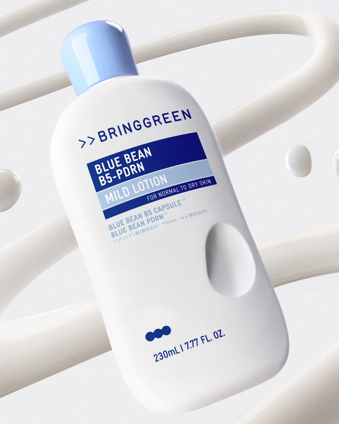 BRINGGREENの「BLUE BEAN B5-PDRN MILD LOTION」の白いボトルが写っています。普通肌から乾燥肌向けで、ブルービーンB5カプセルとPDRNを配合し、パンテノールやDNA-Naが保湿・整肌成分として含まれています。容量は230mlです。