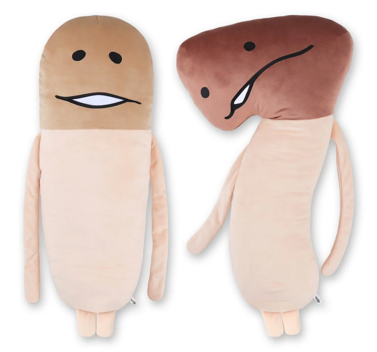 茶色とベージュの2種類のユニークなきのこ型キャラクターのぬいぐるみ