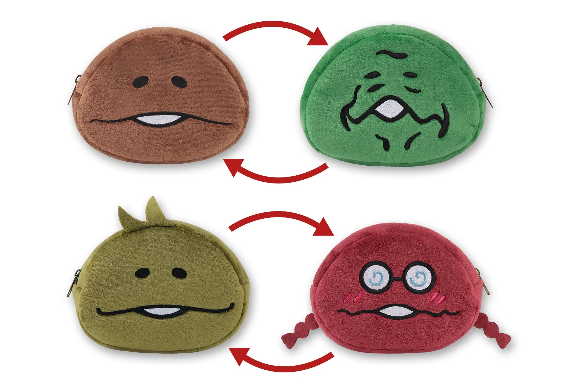 異なる色と表情を持つ4つの丸いぬいぐるみポーチ