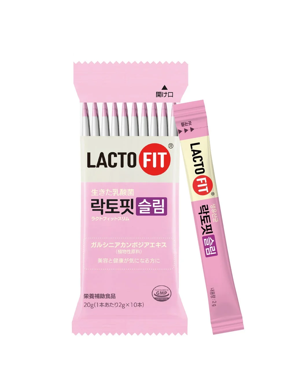 ピンク色の「LACTO FIT Slim」栄養補助食品のパッケージと、個包装のスティック