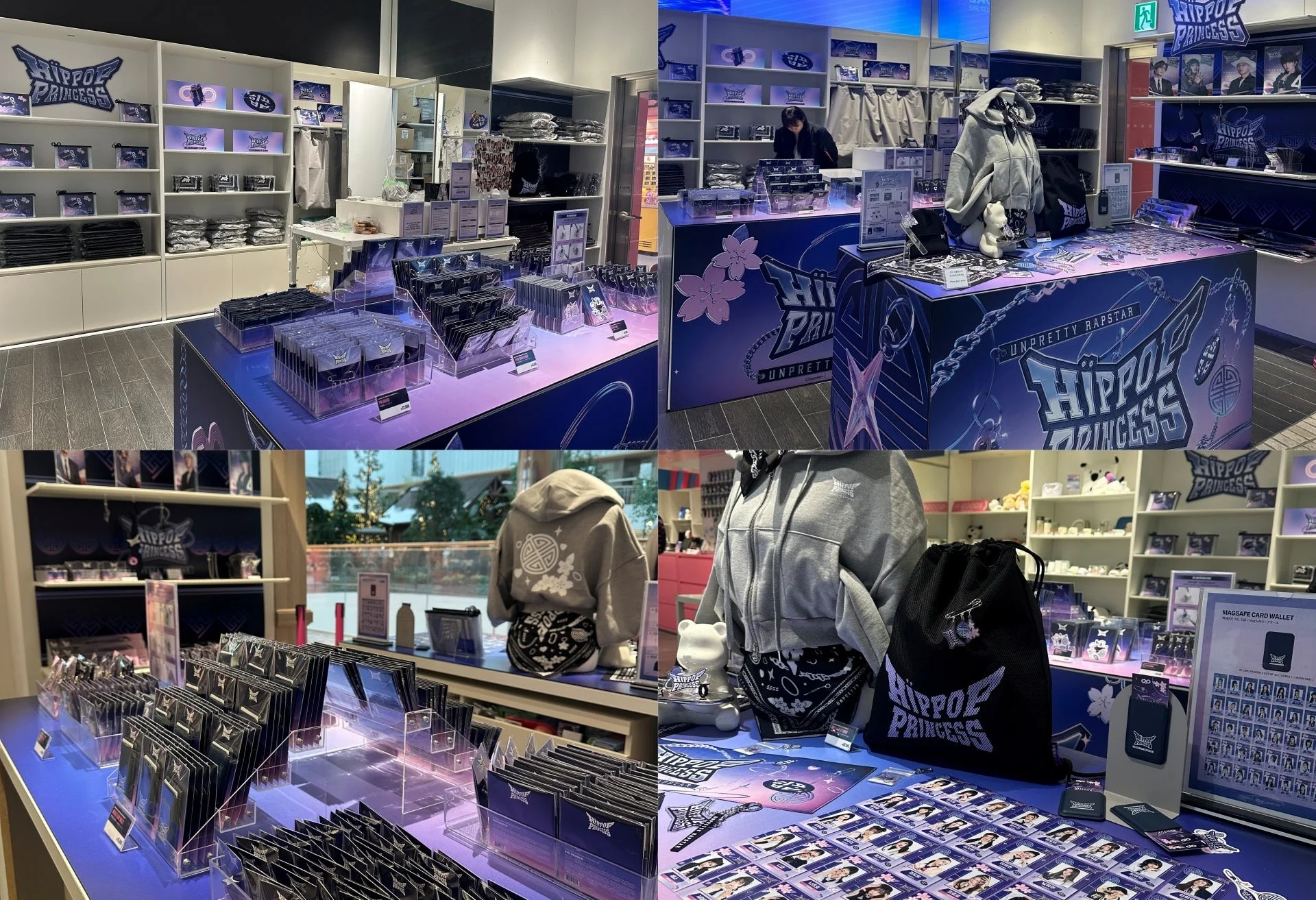HIPPO PRINCESSとUNPRETTY RAPSTARのロゴが目立つポップアップストアの様子。パーカーやポーチ、フォトカードなどの限定グッズが並び、ファン向けの魅力的な商品展開がされている。店内は青と紫を基調としたデザインで統一されている。
