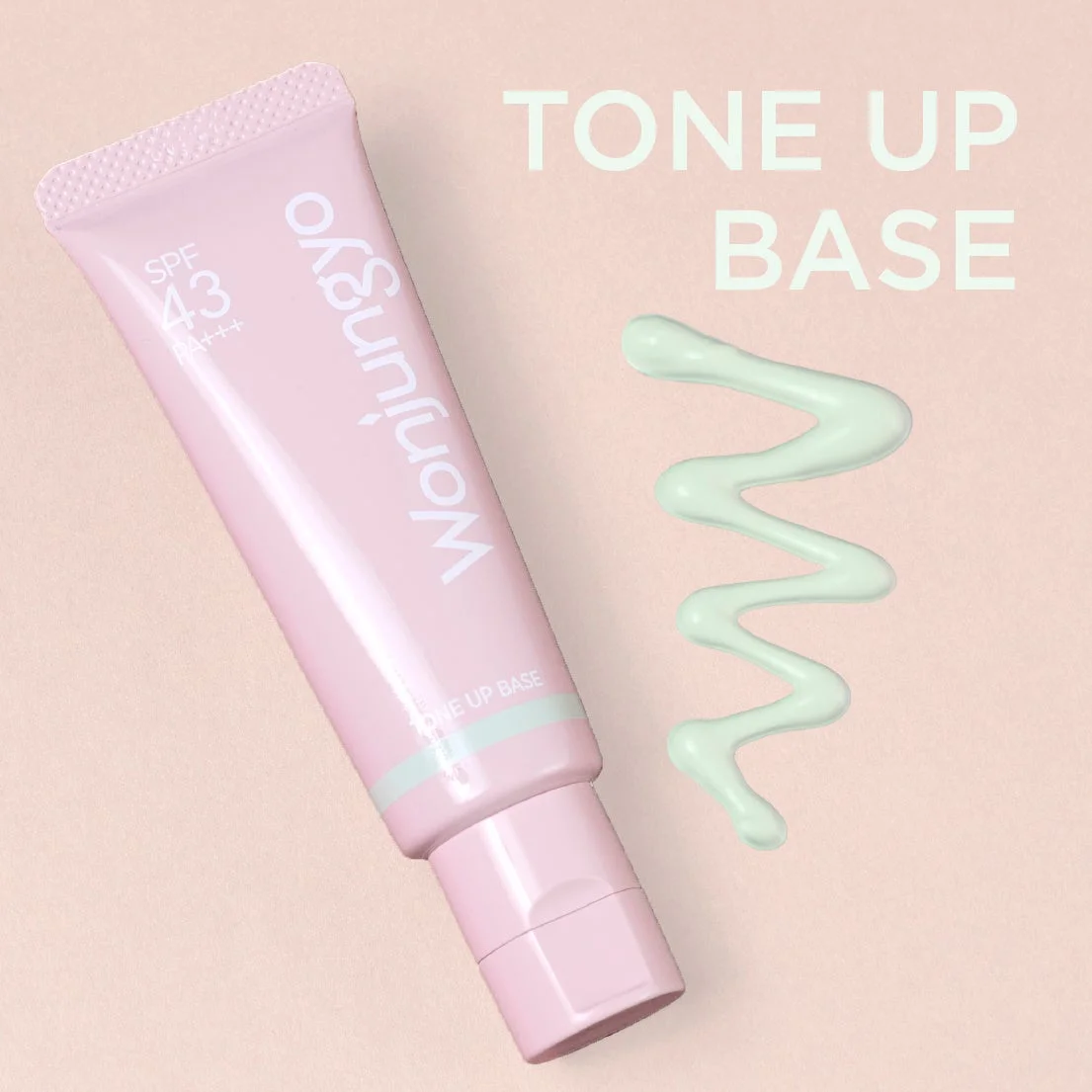 ピンク色のウォンジョンヨのトーンアップベースが写されており、SPF43 PA+++と表記されています。チューブの隣には、ミントグリーンのテクスチャーが波状に描かれ、商品の色合いと特徴を示しています。
