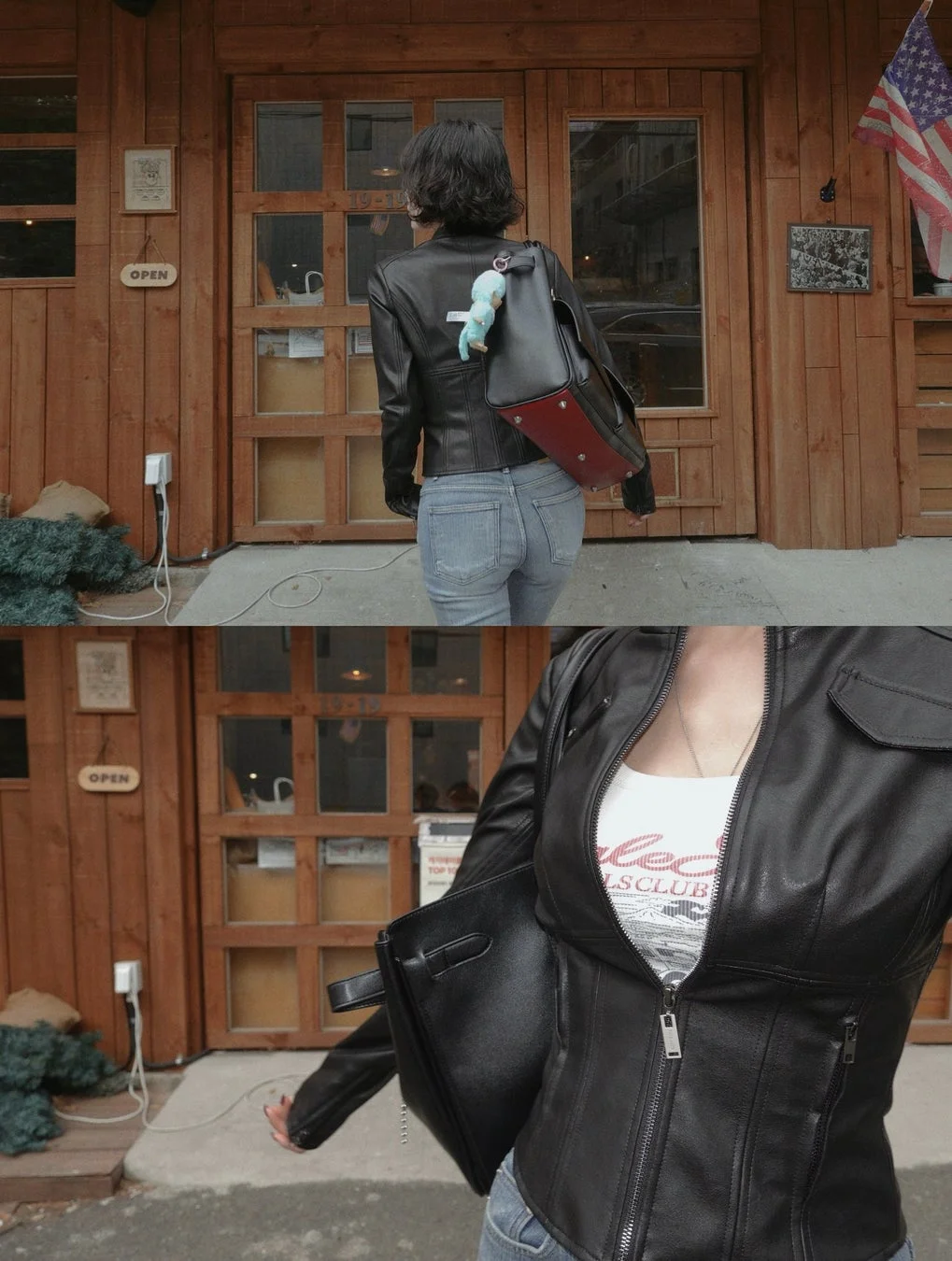 レザージャケットとジーンズの女性の後ろ姿
