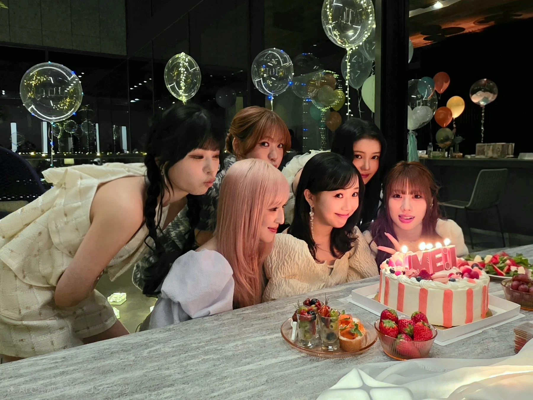 複数の女性が誕生日パーティーのような祝賀会で集まり、ろうそくが灯されたケーキを囲んで笑顔を見せている楽しげな一枚です。