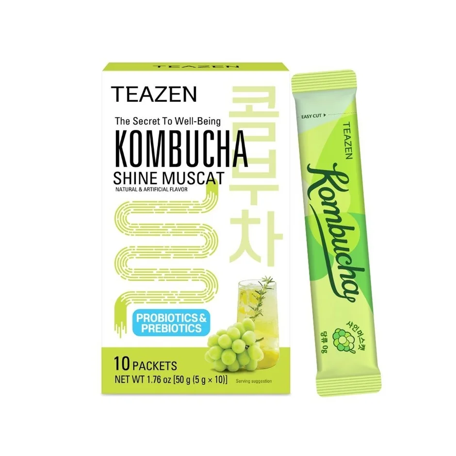 TEAZENのシャインマスカット味コンブチャの箱と個包装スティック