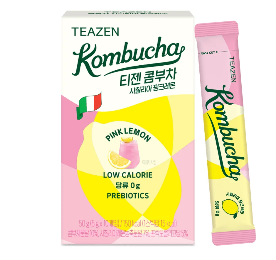 TEAZENのピンクレモン味コンブチャのパッケージと個包装スティック