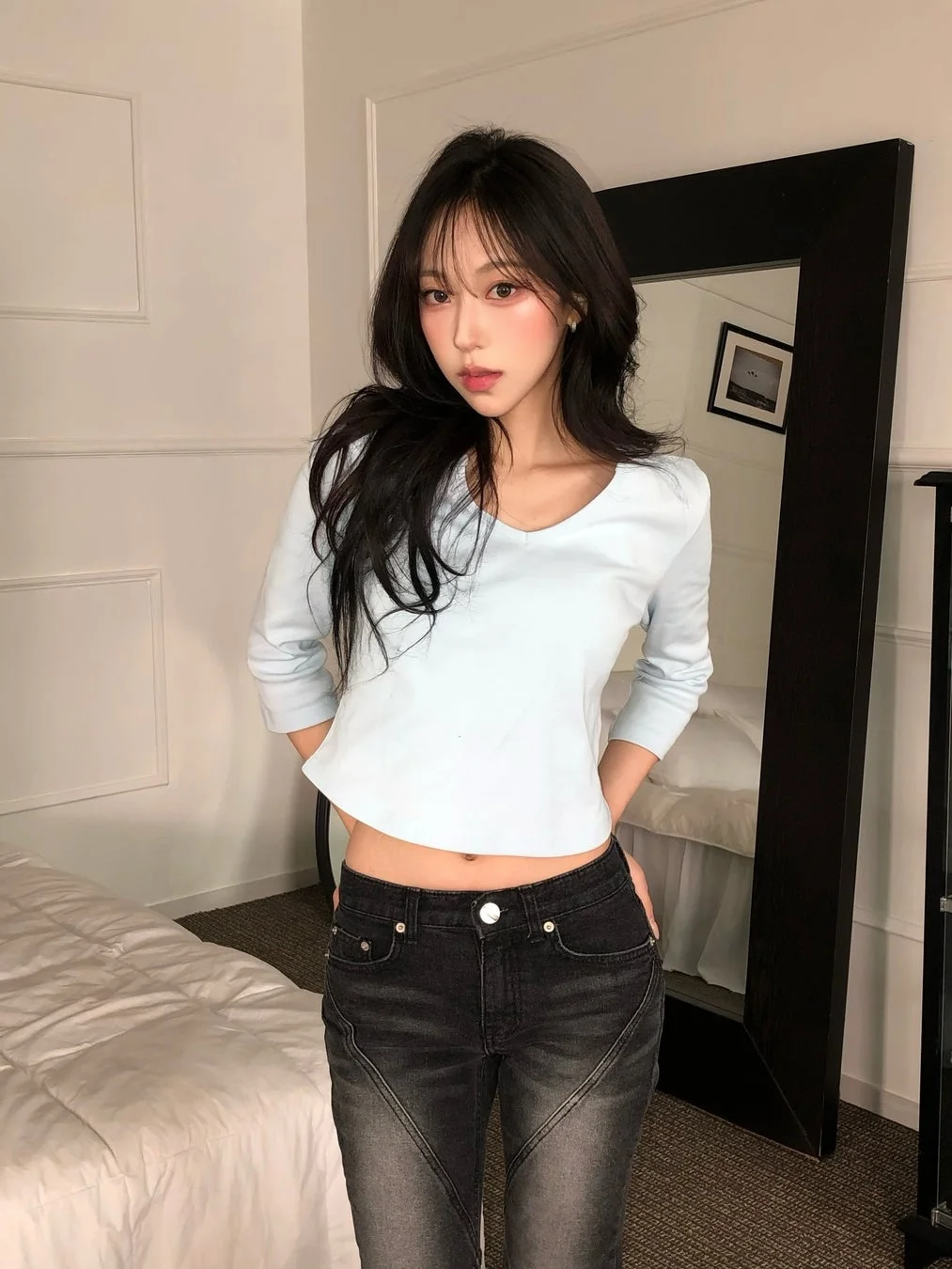 クロップトップとジーンズの女性