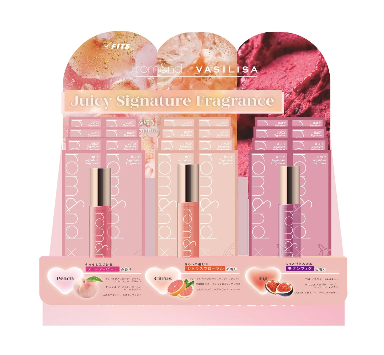 rom&ndとVASILISAがコラボレーションした「Juicy Signature Fragrance」の店頭ディスプレイ