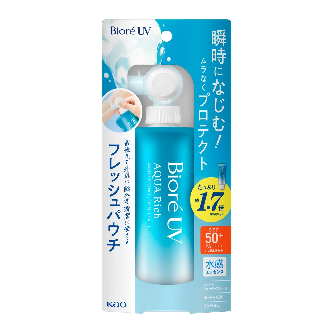 Biore UVアクアリッチウォータリーエッセンスの日焼け止め製品パッケージです。瞬間になじみムラなくプロテクトするSPF50+ PA++++のUV耐水性★★タイプで、顔・からだに使用できます。最後まで清潔に使えるフレッシュパウチで、通常品より約1.7倍の容量が入っています。
